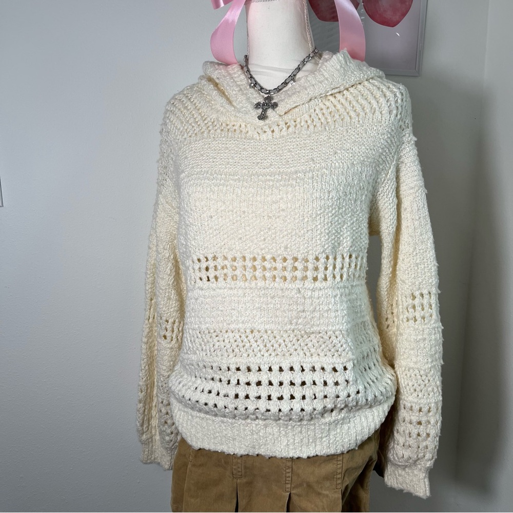 Anthropologie Pointelle Knit Crochet Open Knit Cream Hoodie Pullover Sweater S - Picture 3 of 7
